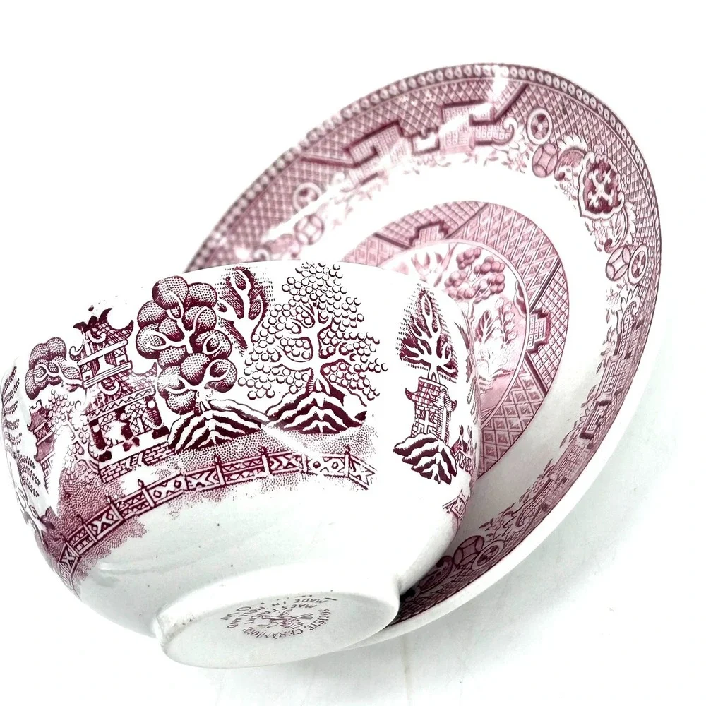 Societe Ceramique Maastricht Pink Red Willow Tea Cup & Saucer Set Holland VTG